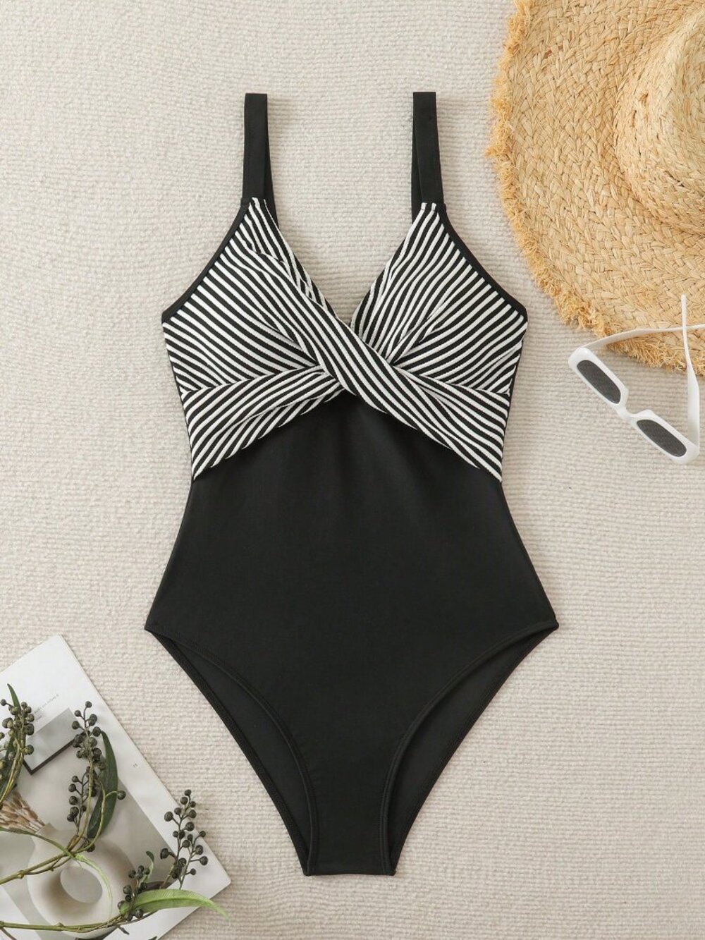 Black And White Casual Women's Striped Crisscross Front One-Piece Suit - Picture 4 of 7